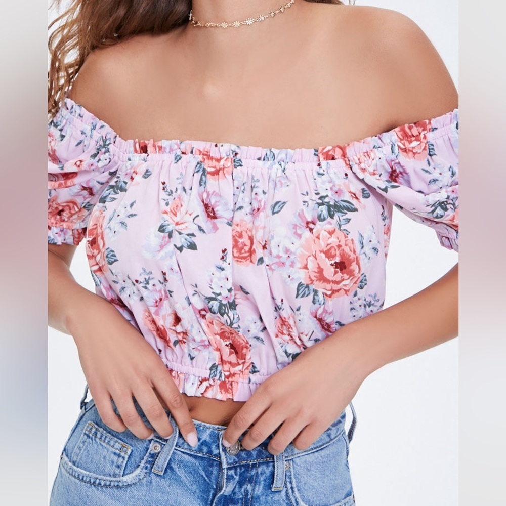 Forever 21 Medium Lavender Multi Color Floral Off The Shoulder Cropped Top